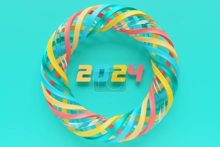 Foto de Encabezado del calendario número 2024 sobre fondo torus multicolor. Feliz Año Nuevo 2024 fondo colorido. - Imagen libre de derechos