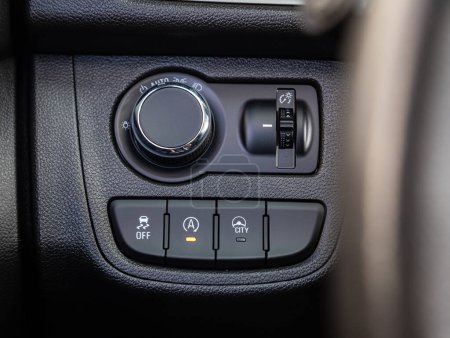 Photo for Novosibirsk, Russia - September 11  , 2023: Chevrolet Spark, close-up of headlight  buttons. modern car interior: parts, buttons, knob - Royalty Free Image