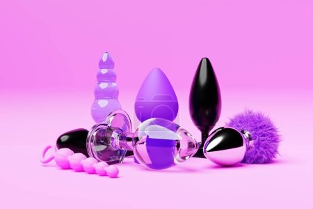Photo for Colorful  butt anal plugs sex toys on  purple isolated background. 3D illustration. Empty space for your text - Royalty Free Image