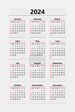 Téléchargez les photos : Calendrier mensuel classique pour 2024. Calendrier dans le style de forme carrée minimaliste. - en image libre de droit