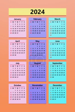Photo for Multicolored monthly calendar template in minimalist style for 2024. Vertical printable calendar. Set for 12 months. Page with previous, current and future month. - Royalty Free Image