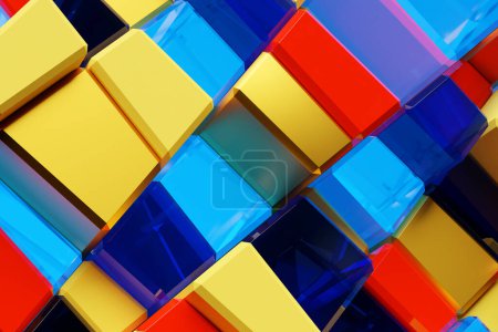 Foto de 3D rendering. Colorful  pattern of cubes of different shapes. Minimalistic pattern of simple shapes. Bright creative symmetric texture - Imagen libre de derechos