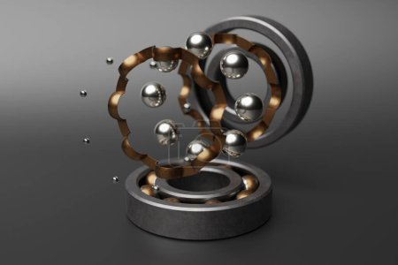 Foto de Ilustración 3D metal plata desmontado rodamiento de bolas con bolas sobre fondo aislado gris. Rodamiento industrial. Parte del coche - Imagen libre de derechos
