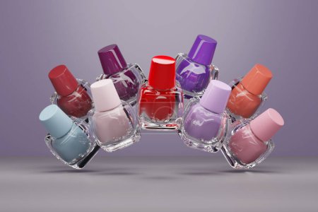 Téléchargez les photos : Illustration 3D de la rangée de bouteilles de vernis à ongles avec différentes couleurs - en image libre de droit