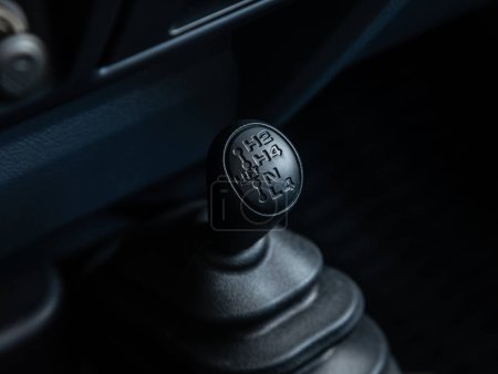 Photo for Novosibirsk, Russia - September 11  , 2023: Toyota Land Cruiser, Close up of the manual gearbox transmission handle. Accelerator handle and buttons in a new car. - Royalty Free Image