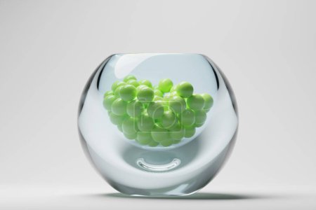 Téléchargez les photos : Illustration 3D de petits vases en verre avec des bonbons verts sur fond blanc. Un régal pour les enfants. Bonbons ronds, petit déjeuner sec verser dans une assiette, vue latérale - en image libre de droit