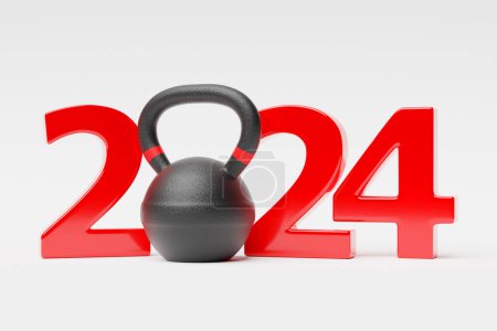 Téléchargez les photos : Illustration 3d de conception heureuse année 2024 et équipements de sport, poids. Bannière heureuse nouvelle année sportive - en image libre de droit