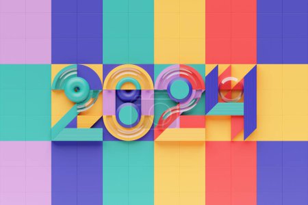 Foto de Encabezado del calendario número 2024 en fondo multicolor. Feliz Año Nuevo 2024 fondo colorido. - Imagen libre de derechos