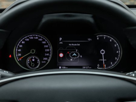 Photo for Novosibirsk, Russia - September 11  , 2023:  Genesis GV80 ,   close up of the speedometer with rpm and km meter - Royalty Free Image