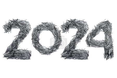 Foto de Encabezado del calendario número 2024 hecho de pequeños clavos de metal sobre un fondo blanco. Feliz Año Nuevo 2024 fondo colorido. - Imagen libre de derechos
