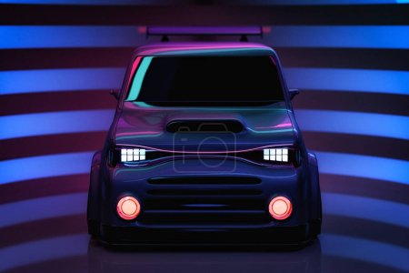 Téléchargez les photos : Futuriste voiture à hayon sur fond néon. Une puissante voiture de dessin animé avec des lumières colorées et des pistes. Illustration 3d - en image libre de droit