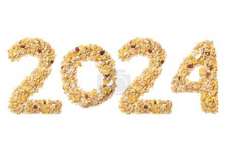 Photo for Calendar header number 2024 made of muesli and nuts on a white background. Happy New Year 2024 colorful background. - Royalty Free Image