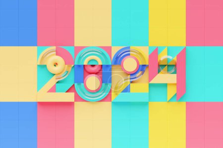 3d illustration Happy new year 2024 background template. Holiday volumetric 3D illustration of the  red number 2024. Festive poster or banner design. Modern happy new year background
