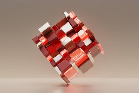 Foto de Ilustración 3D de un cubo multicolor de muchos objetos geométricos de diferentes texturas y colores sobre un fondo beige - Imagen libre de derechos