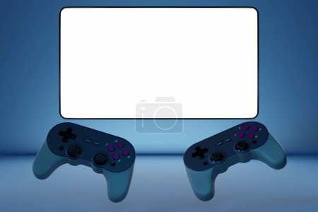 Téléchargez les photos : Gamepad noir 3d, joysticks, symbole de gameplay de divertissement devant un moniteur blanc vierge pour votre conception. Illustration de rendu 3D - en image libre de droit