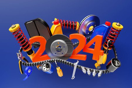 Téléchargez les photos : Illustration 3d conception heureuse année 2024 avec des pièces automobiles pour le concept de service de mécanique automobile isolé sur fond bleu. - en image libre de droit