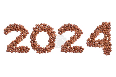 Photo for Calendar header number 2024 made from hazelnuts on a white background. Happy New Year 2024 colorful background. - Royalty Free Image