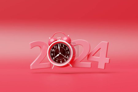 Téléchargez les photos : Gros plan de l'en-tête du calendrier numéro 2024 avec horloge rétro rose sur fond rose, illustration 3D. Changeabilité des années. - en image libre de droit