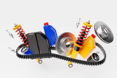 Foto de 3d illustration of auto parts car shock absorber, oil canister, fuel and air filters on white  isolated background. Car Repair Parts - Imagen libre de derechos