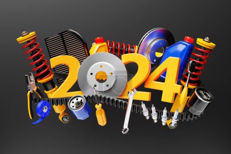 Foto de Diseño de ilustración 3d feliz año nuevo 2024 con piezas de automóviles para el concepto de servicio mecánico auto aislado sobre fondo negro. - Imagen libre de derechos