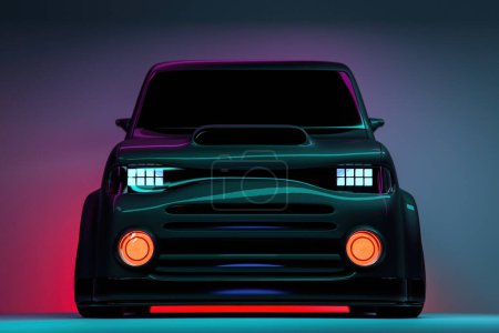 Photo for Futuristic hatchback car on a neon background. A powerful cartoon car with colorful lights and tracks. 3d illustration - Royalty Free Image