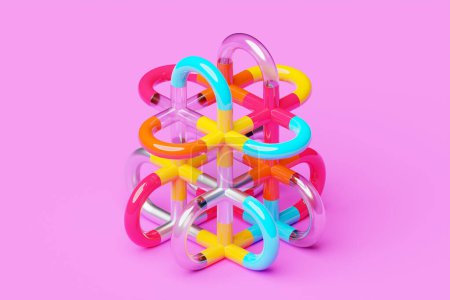 Téléchargez les photos : Illustration 3D d'un nœud coloré sur fond rose. Forme fantastique Formes géométriques simples - en image libre de droit
