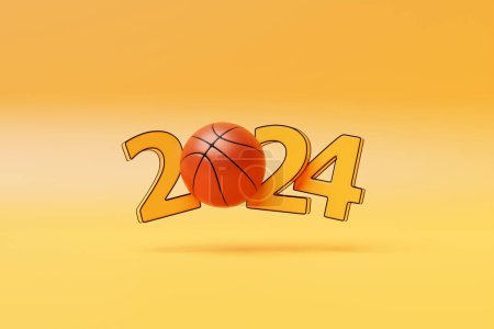 Photo for 3d illustration of  design happy new year 2024  and classic   basketball ball. Sport happy new year  banner - Royalty Free Image