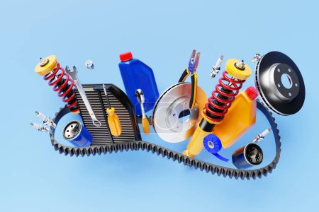 Foto de 3d ilustración de piezas de automóviles amortiguador de choque, bote de aceite, combustible y filtros de aire sobre fondo aislado azul. Piezas de reparación de automóviles - Imagen libre de derechos