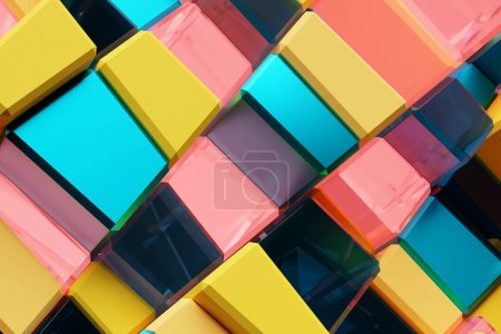 Foto de 3D illustration volumetric  colorful  cubes. Parallelogram pattern. Technology geometry neon background - Imagen libre de derechos