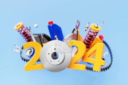 Téléchargez les photos : Illustration 3d conception heureuse année 2024 avec des pièces automobiles pour le concept de service de mécanique automobile isolé sur fond bleu. - en image libre de droit