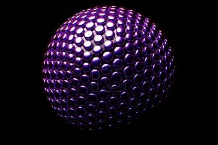 Foto de Ilustración 3D de una esfera púrpura con muchas caras, cristales dispersos sobre un fondo negro. Esfera de bola cibernética - Imagen libre de derechos