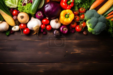 Photo for Top view and flat lay of vegetables, greens on dark wooden background, copyspace - Royalty Free Image