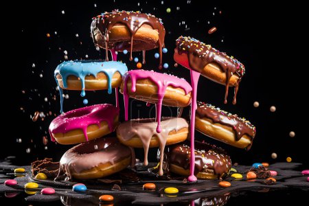 Téléchargez les photos : Donuts multicolores colorés avec miettes et éclaboussures tombant en mouvement sur un fond noir - en image libre de droit