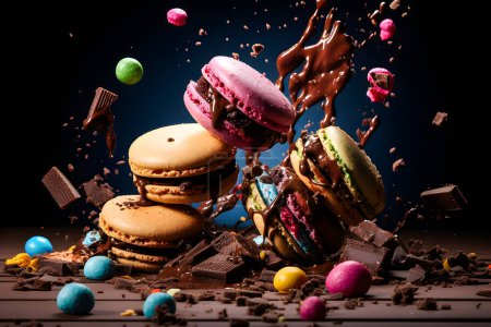 Photo for Colorfully decorated multi-colored cookies with crumbs and splashes falling in motion on a black background - Royalty Free Image