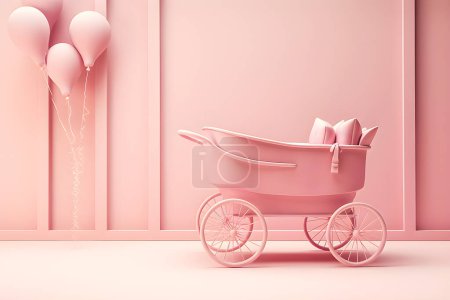 Photo for Retro baby carriage and ballons in  pink  colors in 3d style, generate A - Royalty Free Image