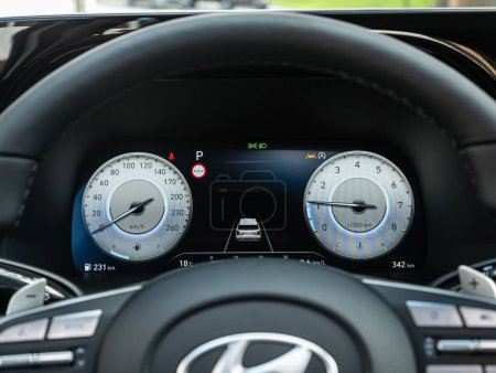 Photo for Novosibirsk, Russia - September 11  , 2023:   Hyundai Palisade,  digital car speedometer. Close up shot of the dashboard a car - Royalty Free Image