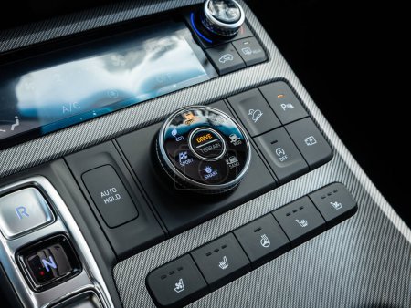 Photo for Novosibirsk, Russia - September 11  , 2023:   Hyundai Palisade,  close-up of off road, parking brake, auto hold buttons. modern car interior - Royalty Free Image