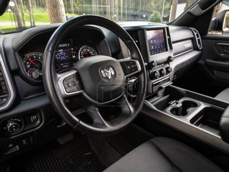 Photo for Novosibirsk, Russia - September 11  , 2023:   Dodge Ram 1500,  Interior of new modern SUV car with automatic transmission, dashboar - Royalty Free Image
