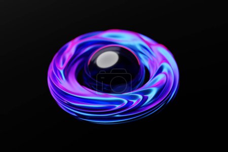 Téléchargez les photos : Donut néon futuriste bleu torus avec beignet sur fond noir isolé. rendu 3D - en image libre de droit