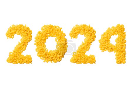 Téléchargez les photos : Calendrier numéro d'en-tête 2024 faite de pâtes sur un fond blanc. Bonne année 2024 fond coloré. - en image libre de droit