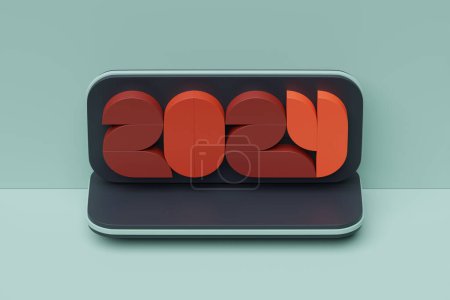 Téléchargez les photos : 2024 calligraphie avec numéros 3d sur fond coloré avec des boules de célébration du Nouvel An pour flyers, affiches, enseignes pour le design d'entreprise, brochures, cartes, bannières, cartes postales. Illustration 3D - en image libre de droit