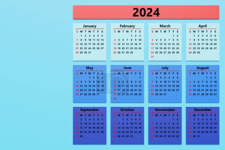 Téléchargez les photos : Modèle de calendrier mensuel multicolore dans un style minimaliste pour 2024. Calendrier vertical imprimable. Prévu pour 12 mois. Page avec mois précédent, courant et futur. - en image libre de droit