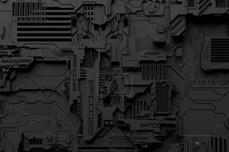 Foto de Detalle de una máquina futurista. Ilustración 3D de una pared futurista. Fondo cyberpunk. Papel pintado industrial. Detalles del grunge - Imagen libre de derechos