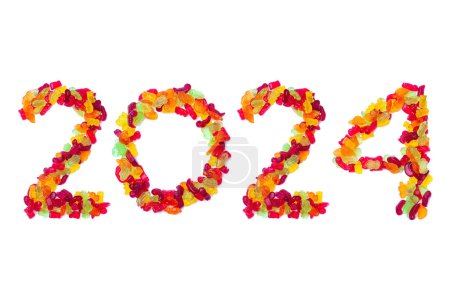 Téléchargez les photos : Calendrier numéro d'en-tête 2024 fabriqué à partir de haricots gelés multicolores sur un fond blanc. Bonne année 2024 fond coloré. - en image libre de droit