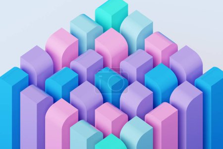 Foto de Ilustración 3D de un cubo multicolor de muchos objetos geométricos de diferentes texturas y colores sobre un fondo rosa - Imagen libre de derechos