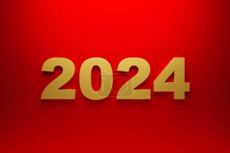 Foto de 2024 tarjeta de año nuevo con el número de año realista 3d sobre fondo rojo. Ilustración 3D. Figuras volumétricas 2024 en ángulo, espacio para texto para saludos de Año Nuevo, banner corporativo de Año Nuevo - Imagen libre de derechos