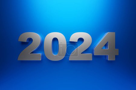 Téléchargez les photos : 2024 nouvelle carte année avec numéro d'année réaliste 3d sur fond bleu. Illustration 3D. Figures volumétriques 2024 sous un angle, espace pour le texte pour les salutations du Nouvel An, bannière corporative du Nouvel An - en image libre de droit