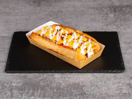 Téléchargez les photos : Hot-dogs grillés gastronomiques avec poulet, sauce et légumes. Hot-dogs frais savoureux - en image libre de droit