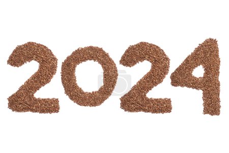 Téléchargez les photos : Calendrier numéro d'en-tête 2024 fabriqué à partir de sarrasin sur un fond blanc. Bonne année 2024 fond coloré. - en image libre de droit