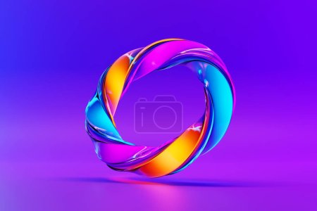Photo for Futuristic neon colorful   torus donut under pink light. 3D rendering,  torus geometry shape on purple background - Royalty Free Image